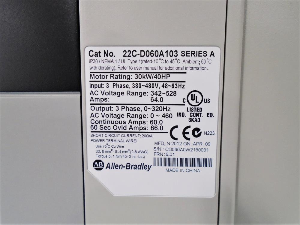 Allen Bradley 40HP Powerflex 400 Adjustable Frequency Drive, 22C-D060A103